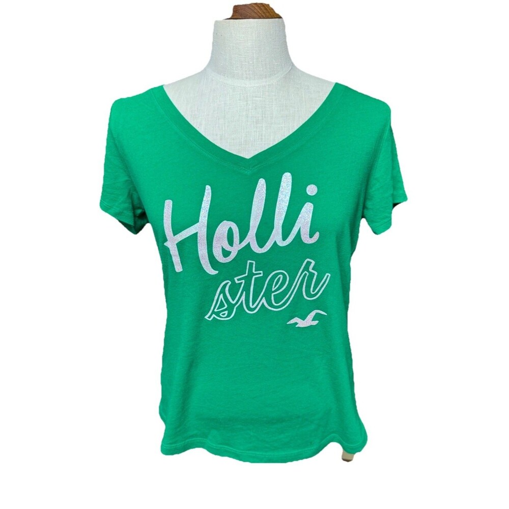 Y2K Hollister Green V-neck Glitter Graphic Tee  Bird Logo GUC Large Surf Classi